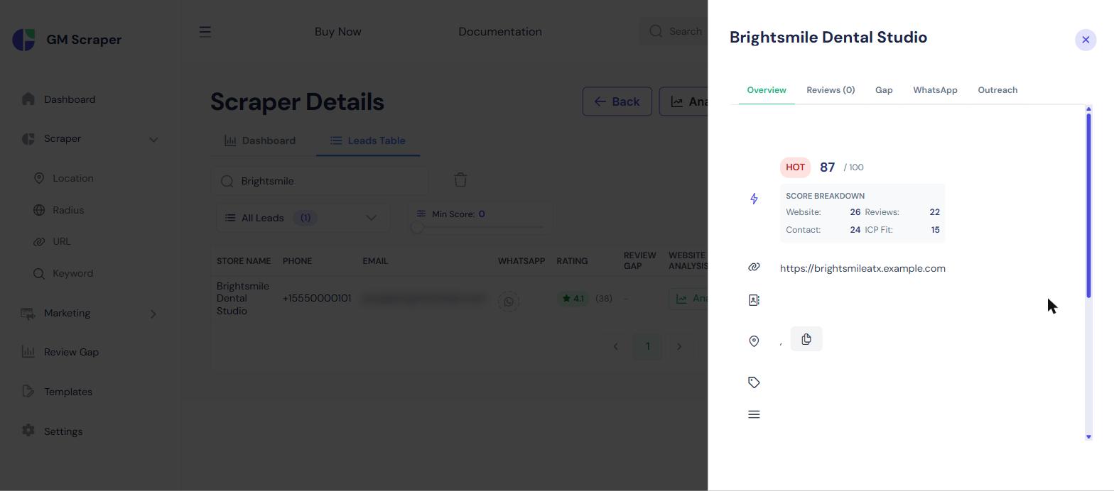 Lead detail sidebar showing a Hot 87/100 score with a breakdown across Website Opportunity 26/30, Review Opportunity 22/25, Contact Reachability 24/25, and ICP Fit 15/20