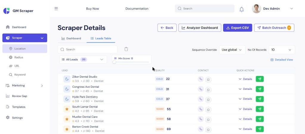 AutoPitch leads table showing nine local business leads with Cold, Warm, and Hot quality tiers and a numeric AI score for each