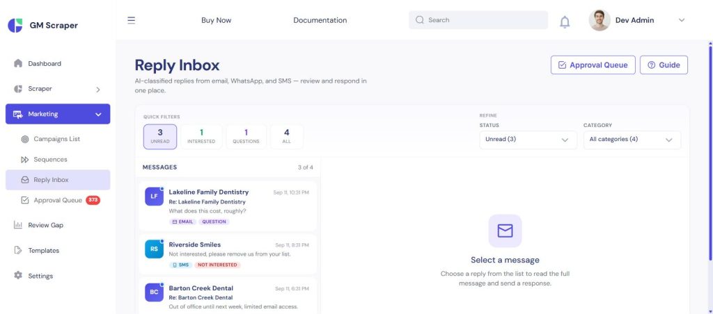 Reply Inbox showing incoming messages automatically tagged Question and Not Interested