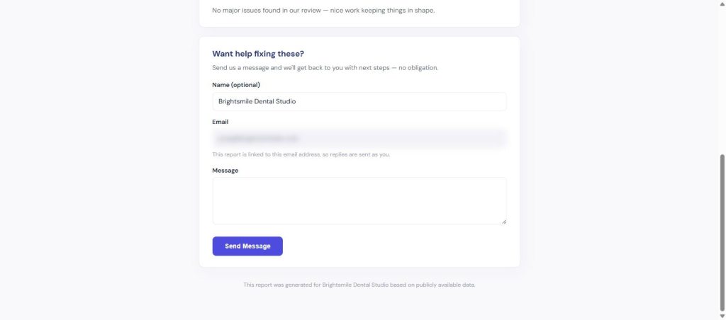 Report page reply form pre-filled with the lead's business name and email, with a message field and note that replies are linked to that email address