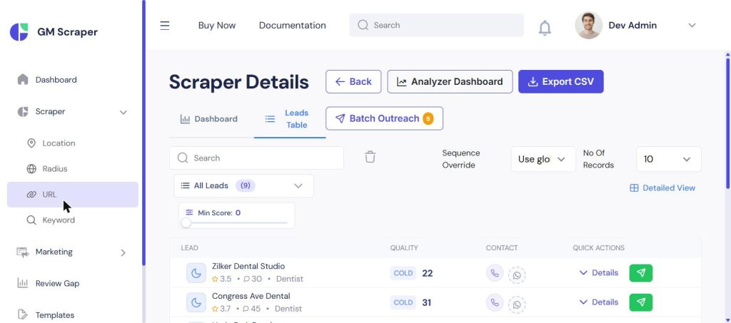 Scraper sidebar showing four search modes — Location, Radius, URL, and Keyword — above a leads table with a Sequence Override control