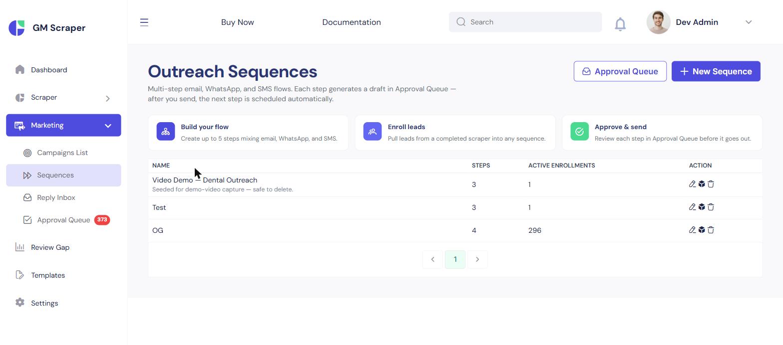 Outreach Sequences list showing sequence names, step counts, and active enrollment numbers