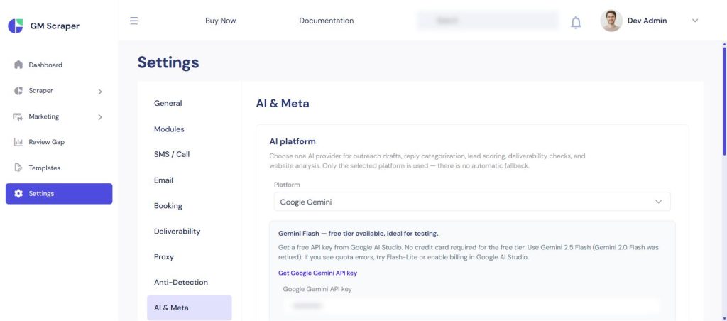 AI platform settings showing Google Gemini selected as the provider for outreach drafts, lead scoring, and website analysis