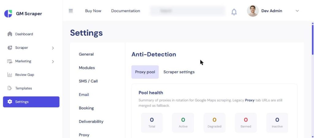 Anti-detection settings panel with proxy rotation and browser fingerprinting options for the scraping engine
