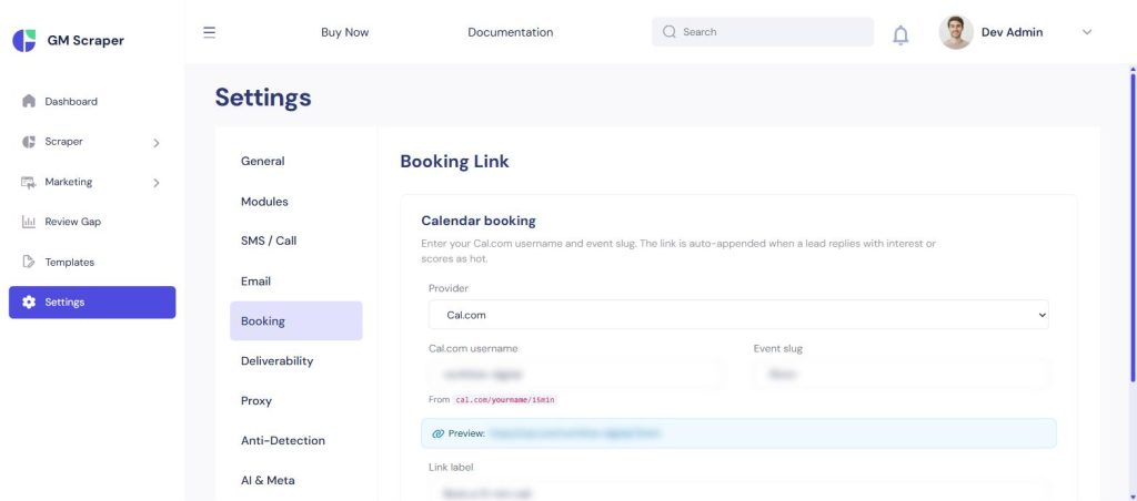 Booking settings panel with a calendar link field for auto-inserting into interested replies