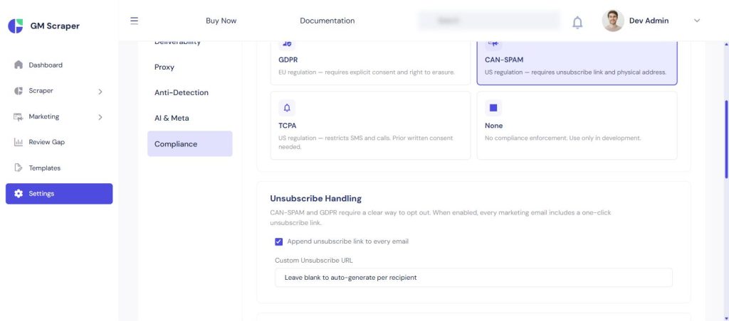 Compliance settings panel with toggles for one-click unsubscribe, do-not-contact list, daily sending limits, and quiet hours
