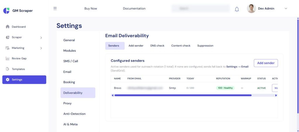 Deliverability settings panel with email warm-up configuration and bounce/complaint monitoring thresholds