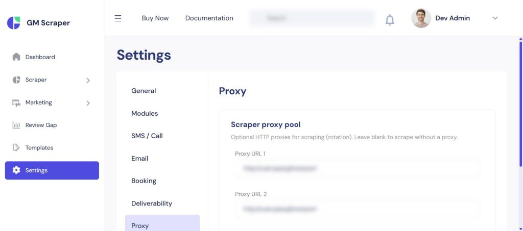 Proxy configuration panel for routing scraper traffic through rotating proxies